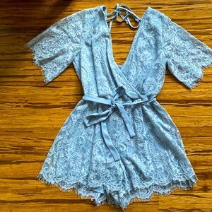 Lace Eyelash, Dusty Blue Romantic Romper, M, Charlotte Russe